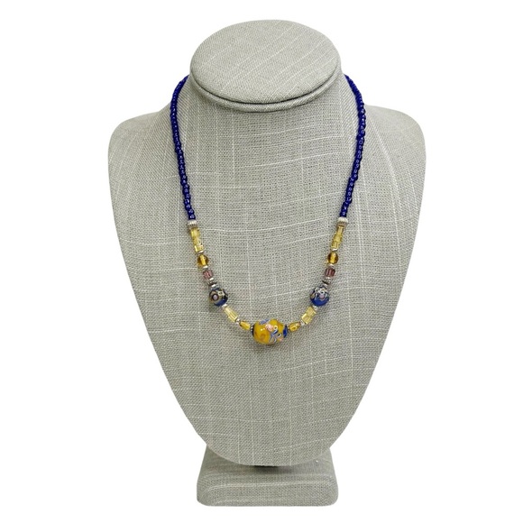 Cobalt Blue & Yellow Lampwork Seed Beaded Necklace - Picture 1 of 10